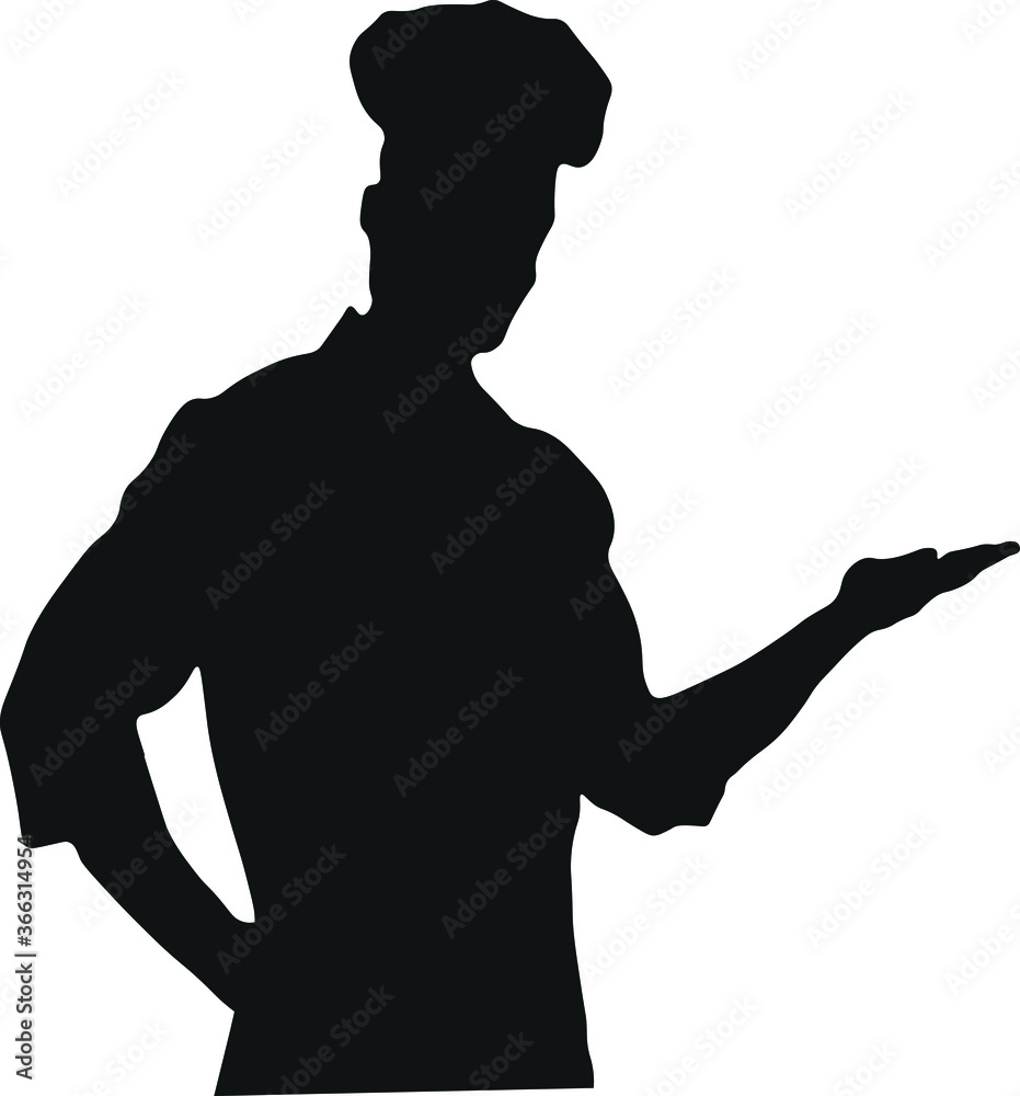 chef, waiter, restaurant, kitchen, black silhouette.