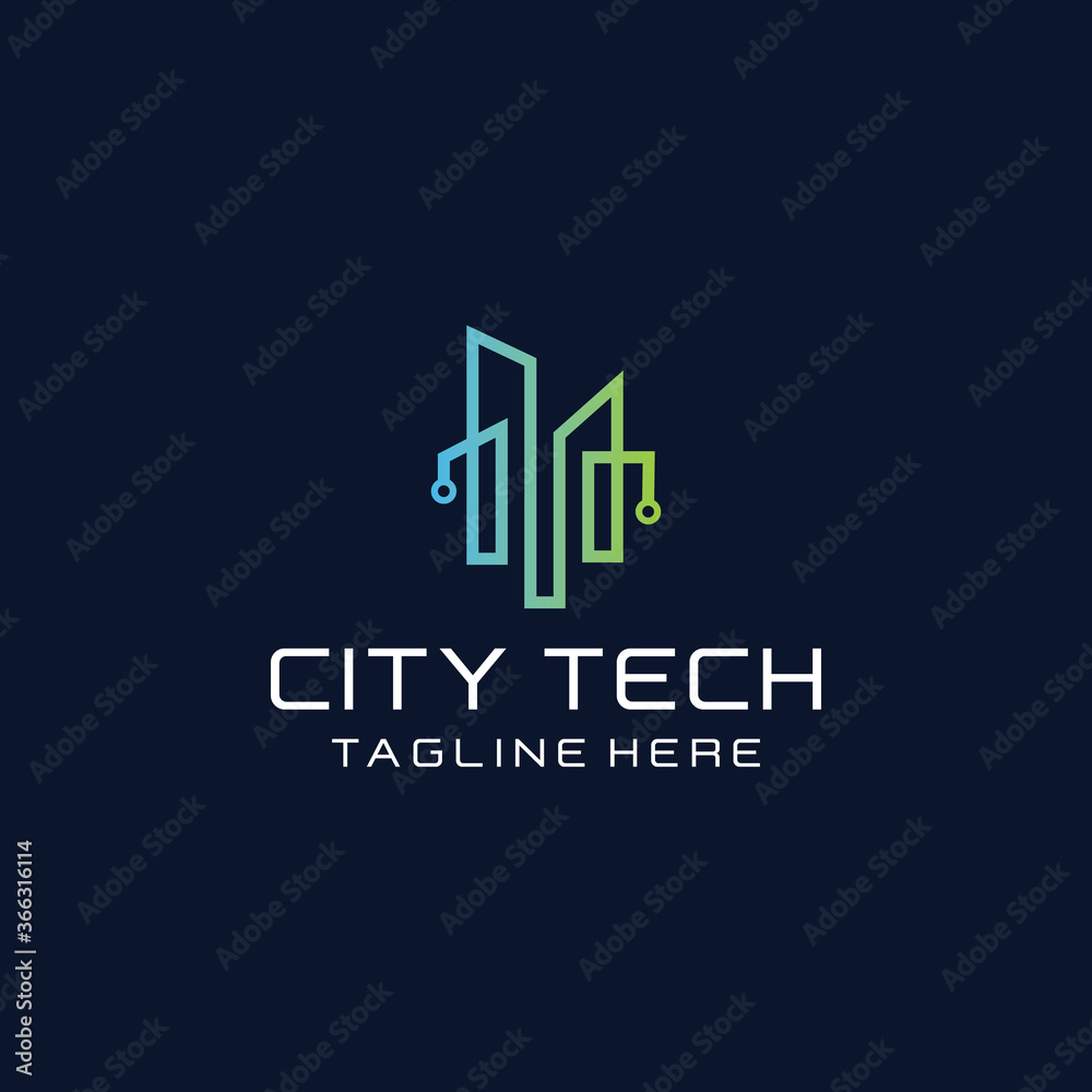 Fototapeta Tech city logo line art style template