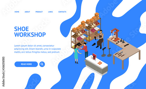 Shoe Work Shop Concept Landing Web Page 3d Isometric View. Vector