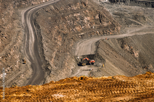 iron ore quarry excavator and dump truck Mining industry, Mining and quarrying equipment, general view
