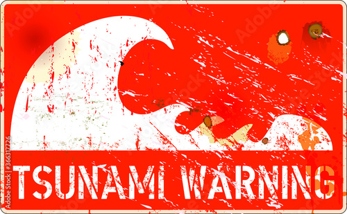 tsunami warning sign, heavy weathered, vector eps 10