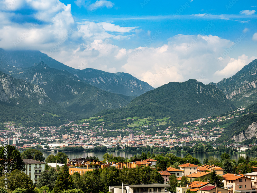 Panorama on the city of Lecco (Italy) and the mountains