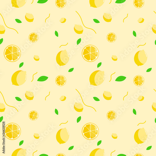 Fruit seamless pattern, Lemon on yellow wallpaper. 