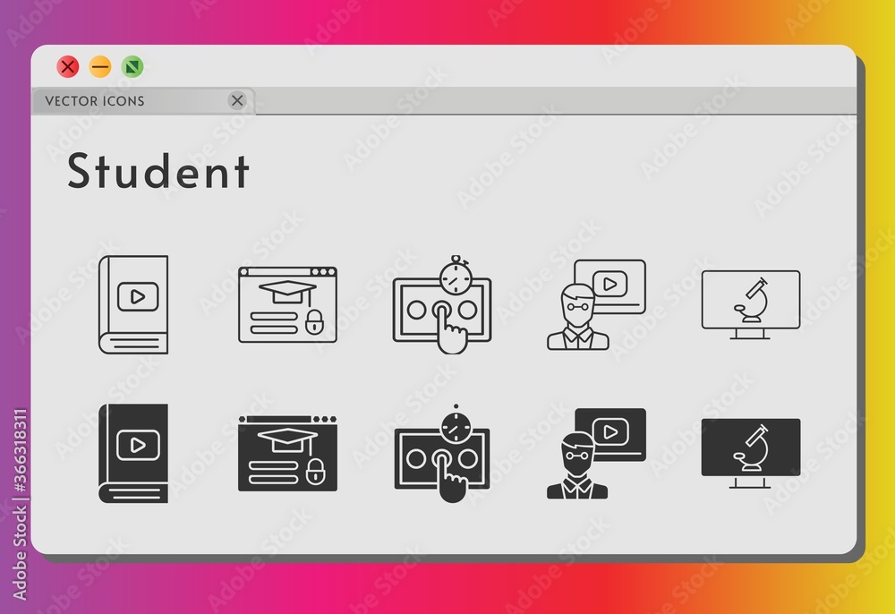student icon set. included ebook, teacher, test, login, microscope icons on white background. linear, filled styles.