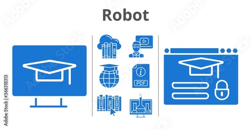 robot set. included cloud, chemistry, teacher, pdf, school, book, student-desktop, login icons. filled styles.