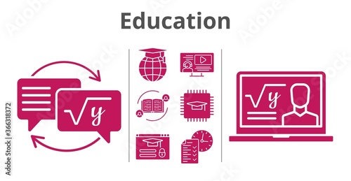 education set. included feedback, chip, professor, instructor, test, homework, school, login icons. filled styles.