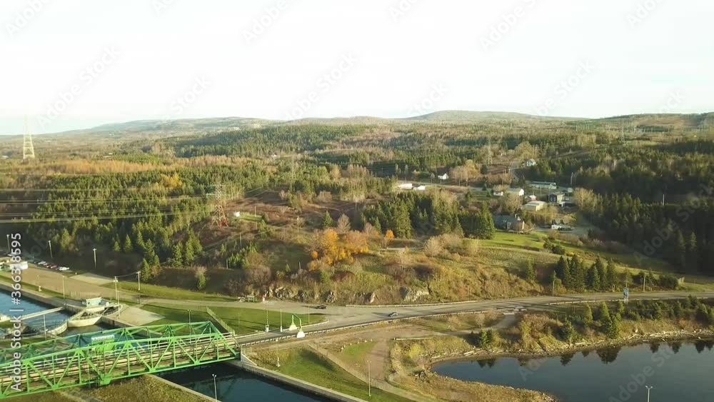 Aerial shot of forests with roads and power lines in Autumn , Port Hawksbury , Nova Scotia, Canada Aerial shot of forests with roads and power lines in Autumn , Port Hawksbury , Nova Scotia, Canada