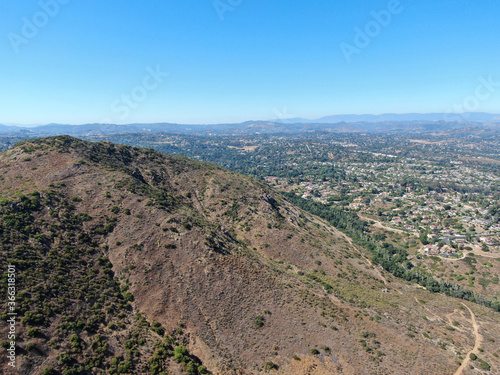Aerial view of Rancho Bernardo town and mountain with great hiking trail, East San Diego County, California, USA 