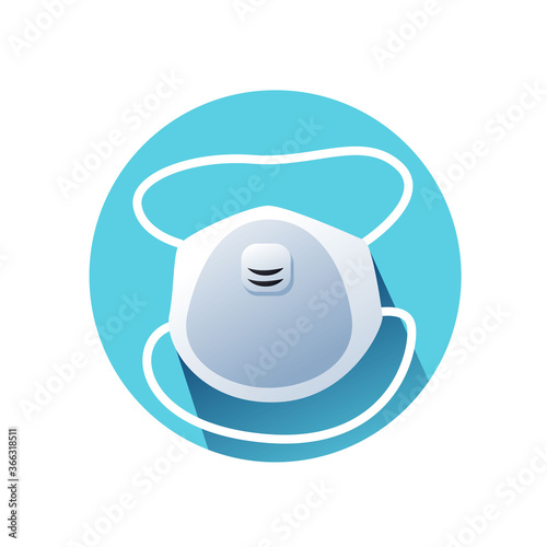Dust mask flat icon. Protective N95 face mask or respirator with valve color illustration. Concept of personal safety during corona virus pandemic outbreak. Long shadow editable stroke vector