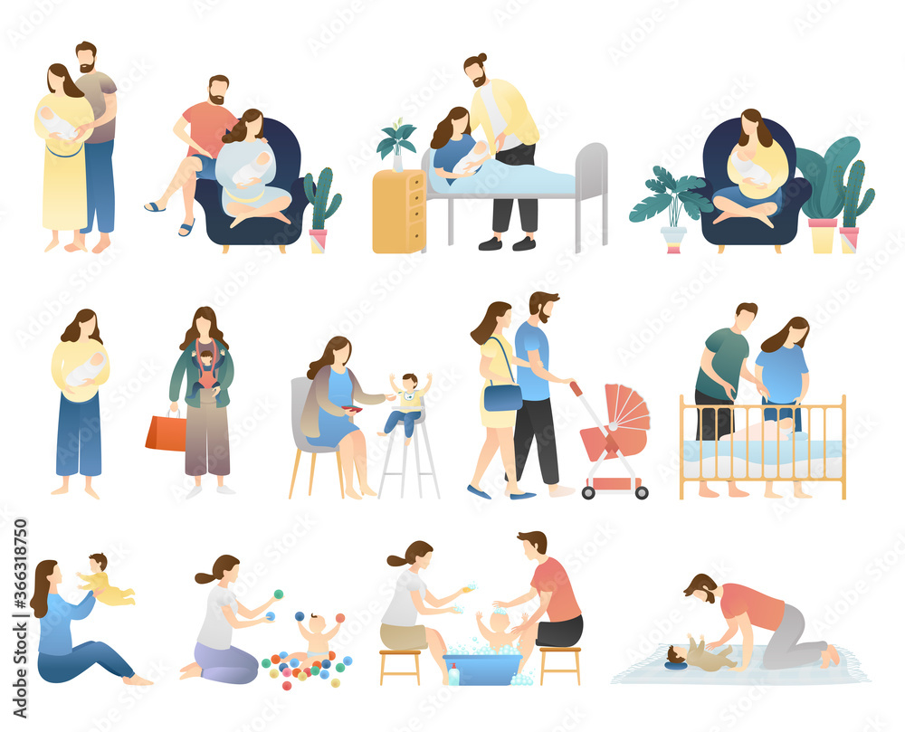 bundle of family activities. performing daily activities, caring with man for infant newborn baby, healthy baby, newborn, maternity scenes, happy family, and happy motherhood. flat vector illustration bundle of family activities. performing daily activities, caring with man for infant newborn baby, healthy baby, newborn, maternity scenes, happy family, and happy motherhood. flat vector illustration