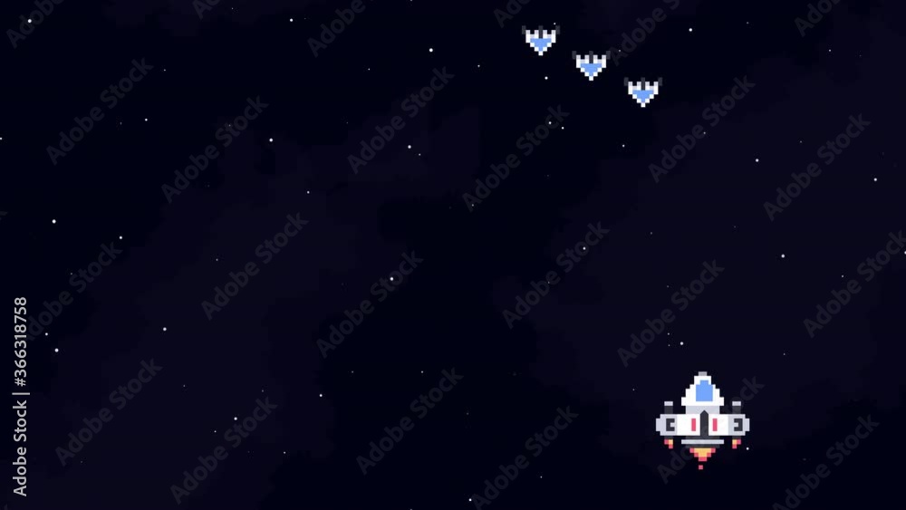 Retro Space Arcade. Video Game Animation Concept. Pixel Art. Spaceship collects coins in open space. Cartoon Motion Design. 4K video.