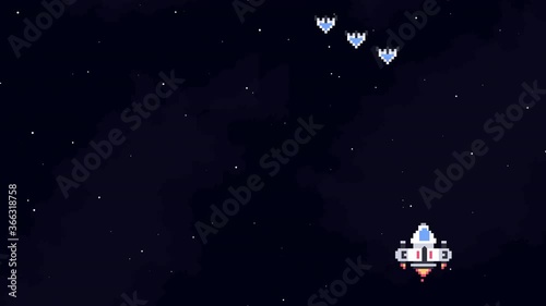 Retro Space Arcade. Video Game Animation Concept. Pixel Art. Spaceship collects coins in open space. Cartoon Motion Design. 4K video.