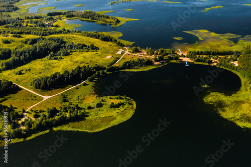 Top view of the Snudy and Strusto lakes in the Braslav lakes National Park, the most beautiful lakes in Belarus.Belarus photo