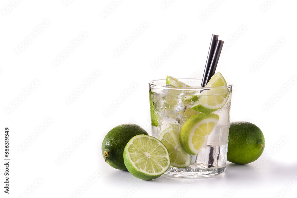 Caipiroska cocktail with lime isolated on white background. Copy space Caipiroska cocktail with lime isolated on white background. Copy space
