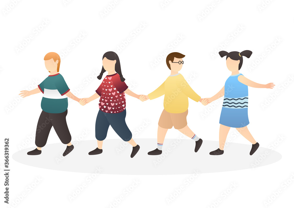 Fototapeta premium kids holding hand each other. happy and creative kids, playful kids, montessori concept. flat vector illustration