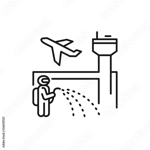 Airport disinfection black line icon. Worker in protective suit with disinfector sprayer. Cleaning service. Pictogram for web, mobile app, promo. UI UX design element