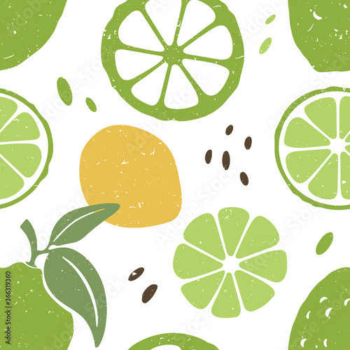 Cute lime seamless pattern. Ripe lime and lime lobules on white background. Vector shabby hand drawn illustration