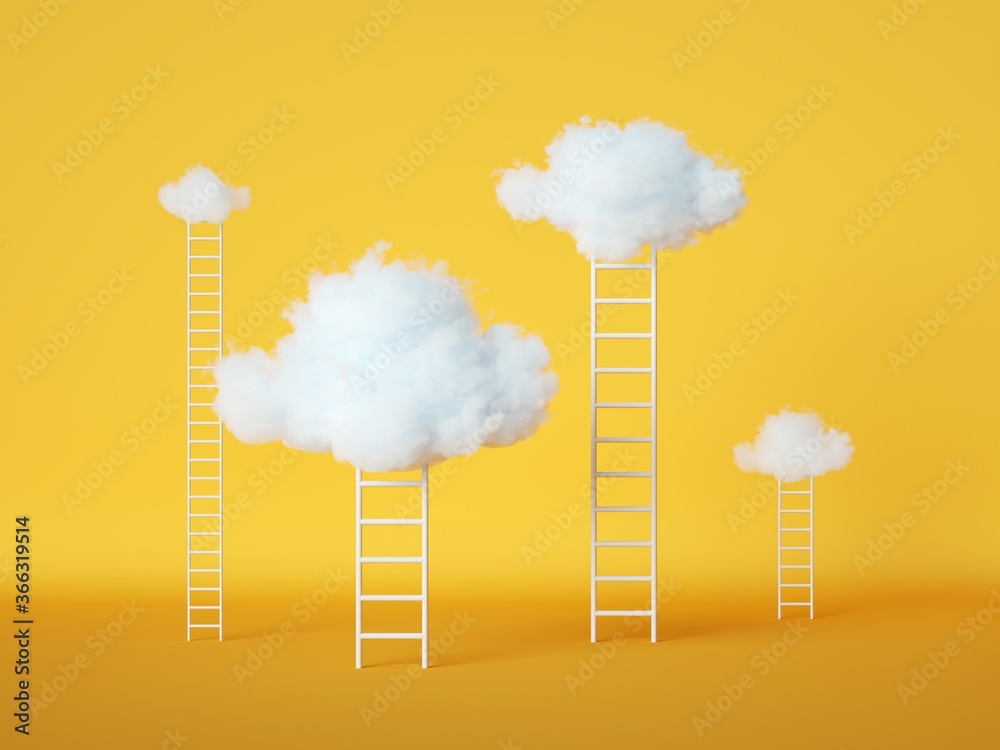 3d render, abstract concept, ladders under the white clouds isolated on yellow background 3d render, abstract concept, ladders under the white clouds isolated on yellow background