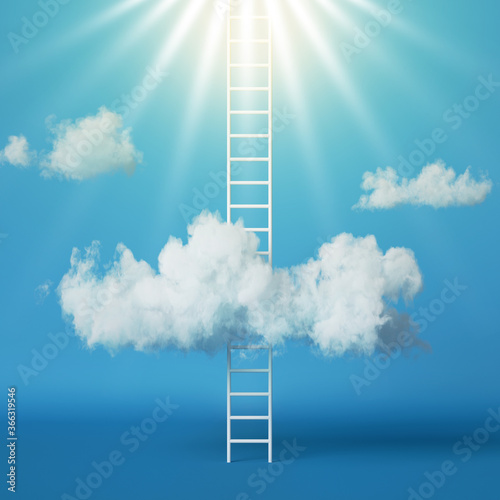 3d render  abstract paradise concept  ladder to heaven  white clouds isolated on blue background  mystical rays of light