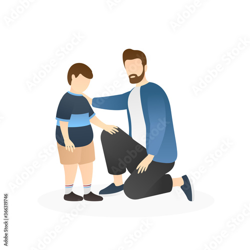 father giving encouragement to his kid. nurturing, care, good parenting, good nurturing, care, bonding, trust and support between parents and children. flat vector illustration