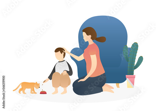 mom and kid feeding the cat. nurturing, care, good parenting, good nurturing, care, bonding, trust and support between parents and children. flat vector illustration
