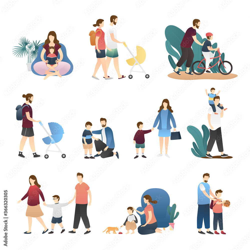 vector set of happy loving family scenes. nurturing, care, good parenting, good nurturing, care, bonding, trust and support between parents and children. flat vector illustration