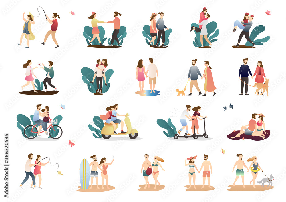 bundle of cute funny couple activity. outdoor activities romantic couple scenes. romantic couple relationship in flat vector illustration.