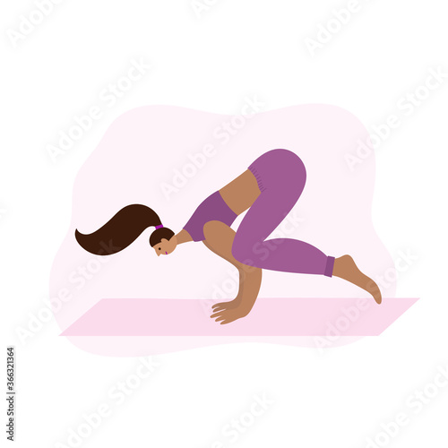 Woman on yoga mat in crow pose asana. People vector illustration. Health body and mind care wellness or fitness sport studio class concept. Simple flat character cartoon style clip art.
