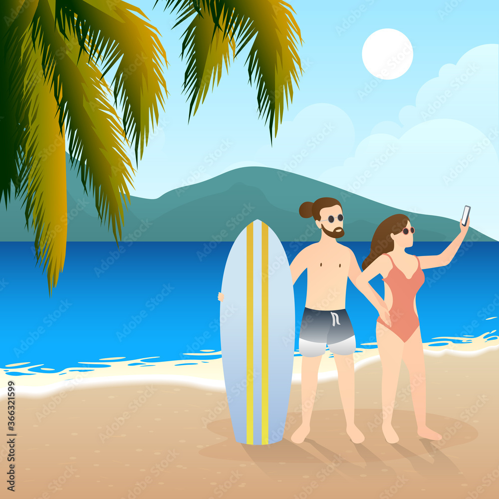 adorable couple take a selfie at the beach. outdoor activity romantic couple scenes. romantic couple relationship in flat vector illustration.