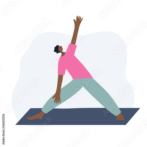 Person on yoga mat in triangle pose asana vector illustration. Health body and mind care wellness or fitness sport studio class concept. Simple flat character cartoon style clip art.
