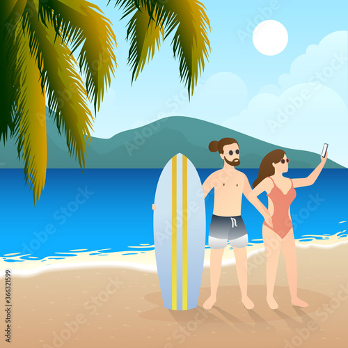 adorable couple take a selfie at the beach. outdoor activity romantic couple scenes. romantic couple relationship in flat vector illustration.