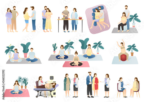 vector set of pregnancy and maternity scenes. collection of pregnant woman. visiting physician, childbirth anticipation, reproductive health, happy and healthy pregnancy. flat vector illustration