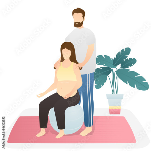 happy couples waiting baby and yoga exercising. doing yoga together. happy pregnancy, childbirth anticipation. flat vector illustration
