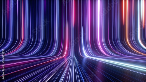 3d render, abstract simple neon background, ultra violet rays, blue and pink glowing lines, cyber network data, speed of light, space and time strings photo