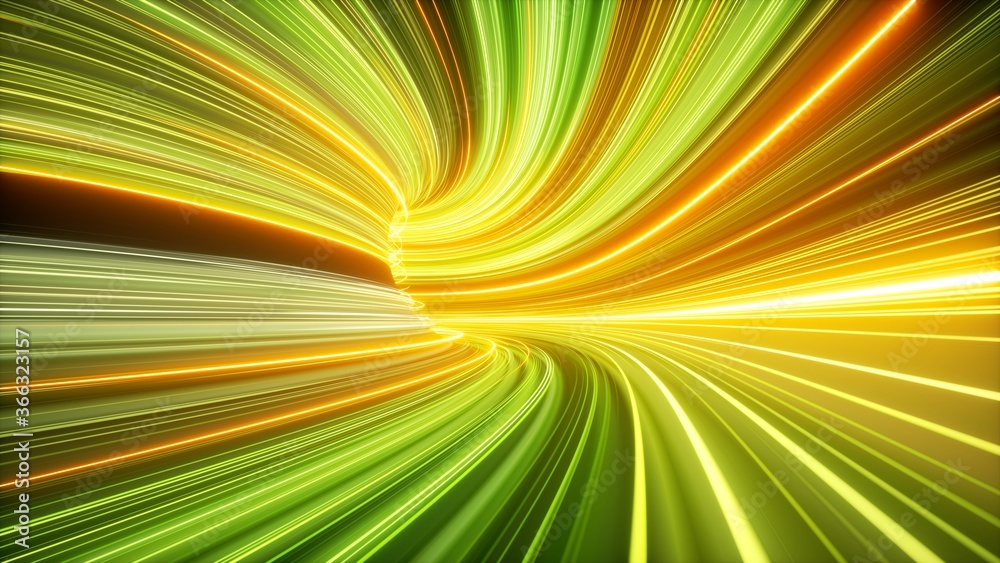 Naklejka premium 3d render, abstract yellow green neon background, tunnel with rays, glowing lines speed of light, highway night lights