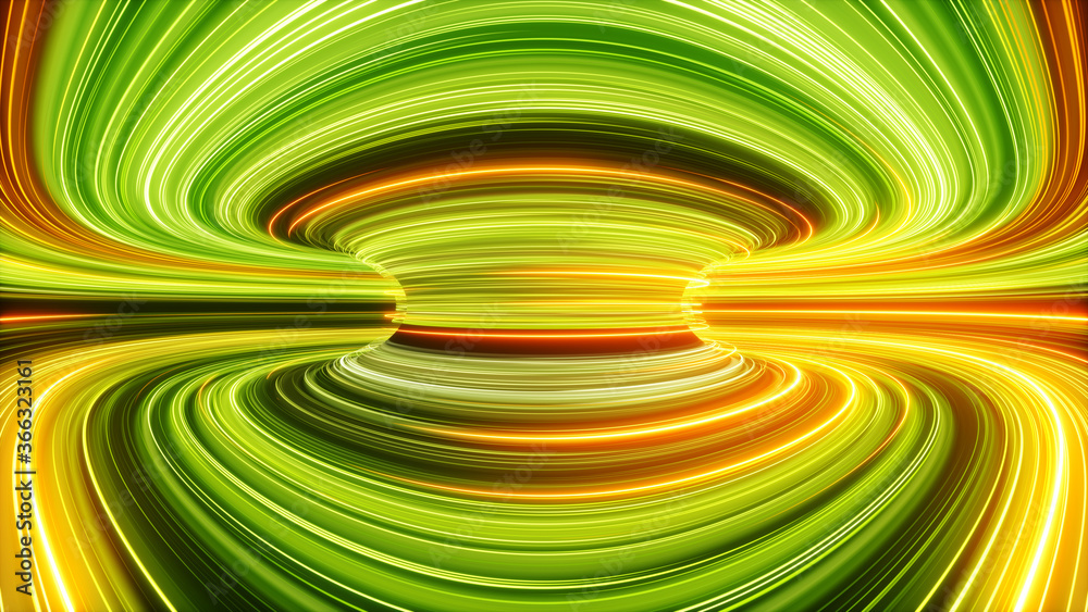 3d render, abstract yellow red green neon background, speed of light rays, glowing lines, space and time strings, twisted electromagnetic vortex - obrazy, fototapety, plakaty 