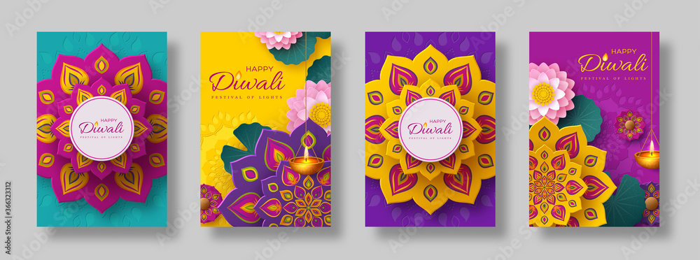 Diwali, festival of lights holiday cards with paper cut style of Indian Rangoli, diya - oil lamp and lotus flowers. Bright color background. Vector illustration.