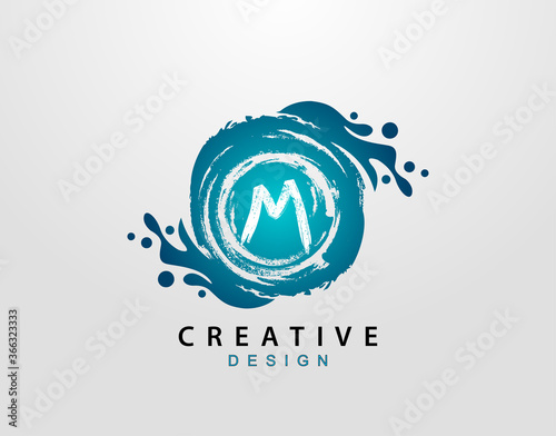 M Logo With Blue Splash Element. Blue Wave logo design template.