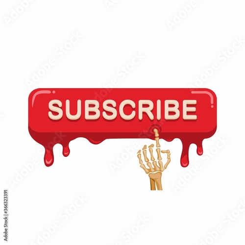 Skeleton hand touch and click subscribe button to online video streaming channel promotion symbol in cartoon illustration vector on white background