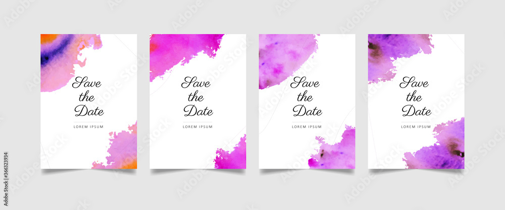 Vector set of 04 slides modern luxurious watercolor hand-drawn wedding invitation card illustration in white background. Great for holiday and occational invitation card promotional surface project.