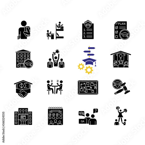 Campus life black glyph icons set on white space. University and college. Freshman. Student life and activities. Cheerleading and sports team. Silhouette symbols. Vector isolated illustration