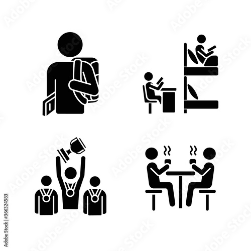 Student life black glyph icons set on white space. Campus life and activities. University living. Flatmates studying in dormitory room. Silhouette symbols. Vector isolated illustration