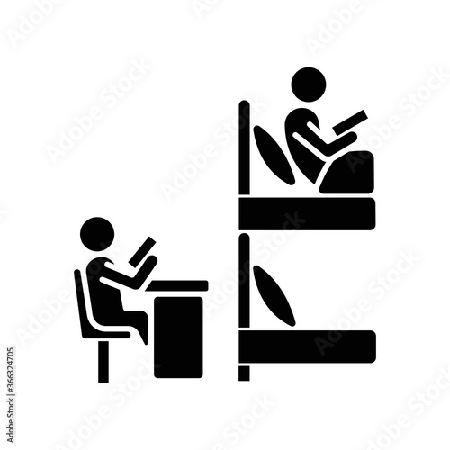 Roommates black glyph icon. Flatmates studying in dormitory room. University students sharing common room, bunk bed. Silhouette symbol on white space. Vector isolated illustration