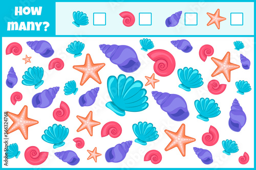 Educational mathematical game. Count the number of seashells. Count how many seashells. Counting game for children.