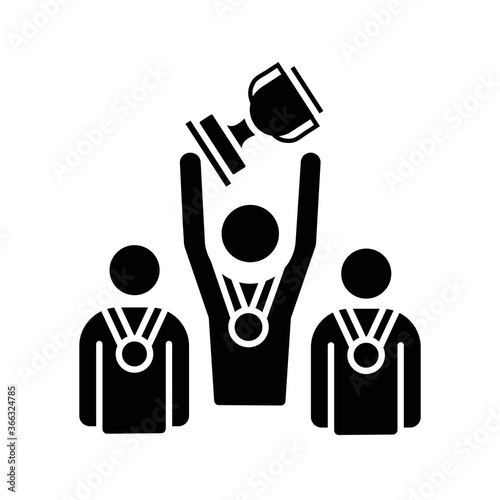 Sports team black glyph icon. Winning trophy in competition. University tournaments. College football, basketball players. Silhouette symbol on white space. Vector isolated illustration