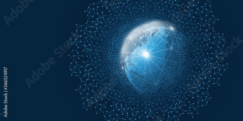 Abstract Blue Minimal Style Cloud Computing, Networks Structure, Telecommunications Concept Design, Network Connections, Transparent Geometric Mesh, Wire Frame and Earth Globe - Vector Illustration