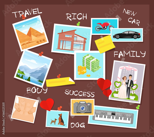 Cartoon flat visionary examples of financial business success, travel achievements, happy family wedding, motivation for body training. Vision board, collage with dreams and goals vector illustration