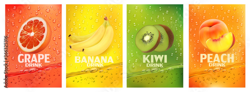 Set of labels with fruit drink.Fresh fruits juice splashing together- banana, kiwi, peach, grapefruit juice drink splashing. 3d fresh fruits. Vector illustration