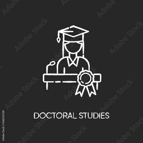 Doctoral studies chalk white icon on black background. University graduation, academic achievement. Obtaining doctors degree. PhD student, successful graduate Isolated vector chalkboard illustration