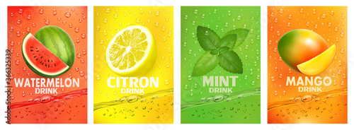 Set of labels with fruit drink. Fresh fruits juice splashing together- watermelon, citron, mint, mango juice drink splashing. Vector.